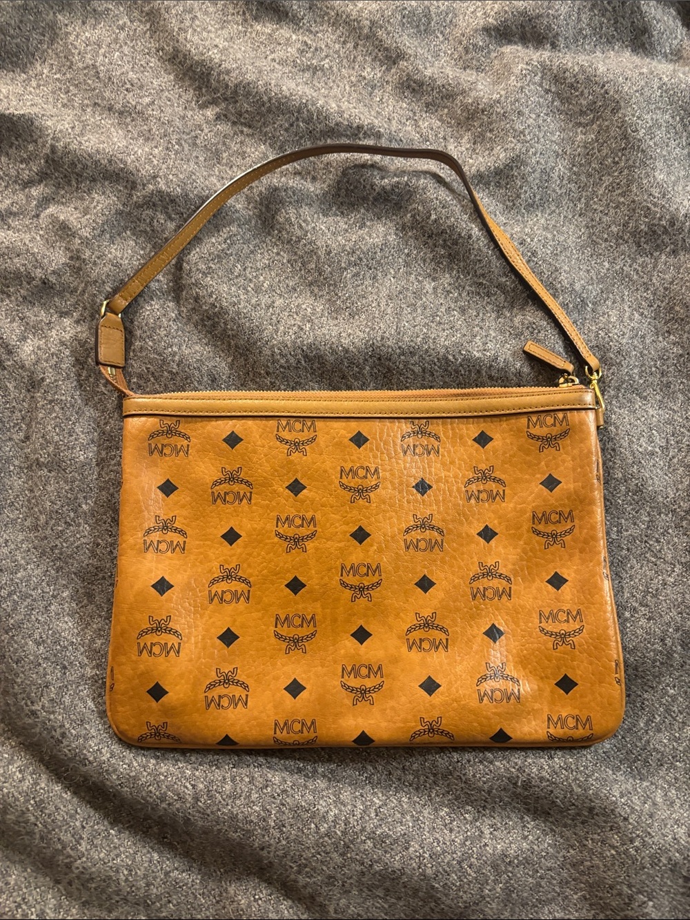 MCM Cognac Visetos Logo Zip Shoulder Bag